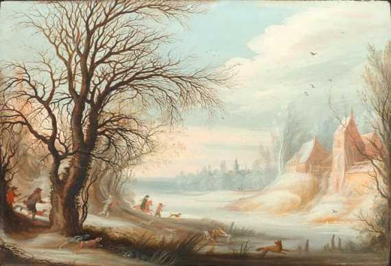 Appraisal: LEYTENS GYSBRECHT Antwerp Winter landscape with hunters pursing a fox