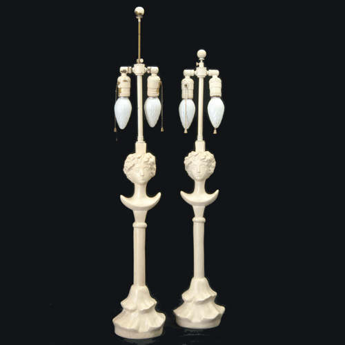 Appraisal: DIEGO GIACOMETTI Attrib Pair of painted plaster figural table lamps