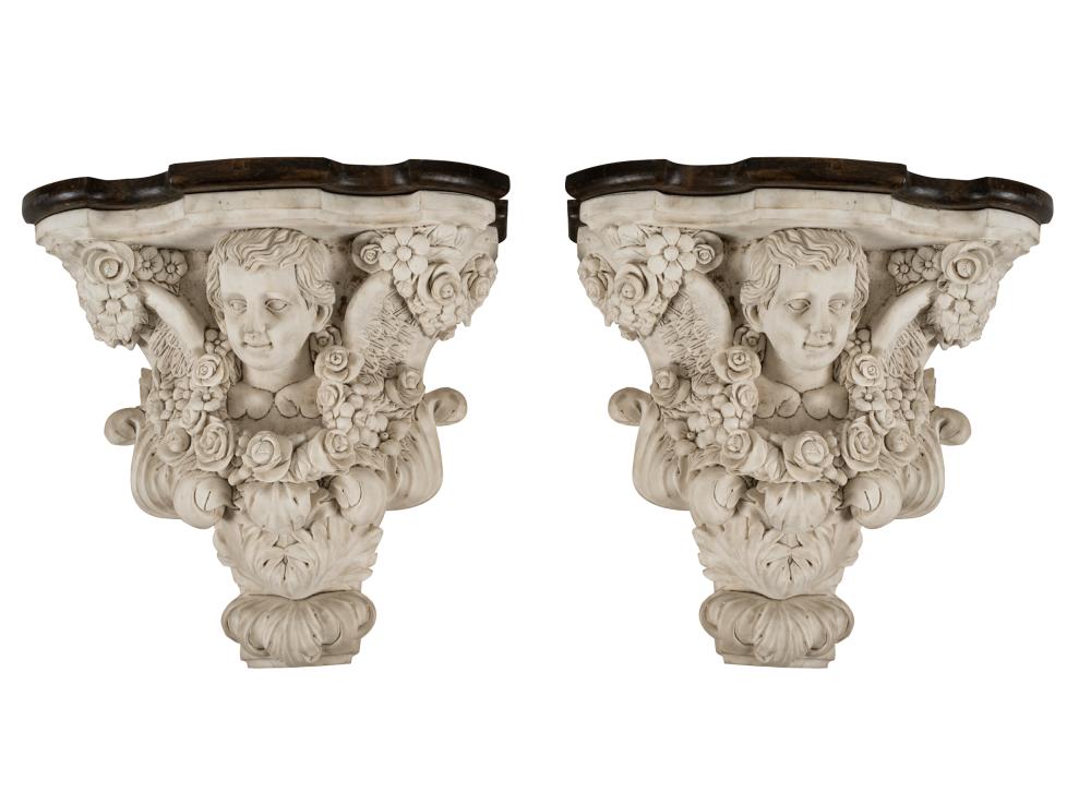 Appraisal: PAIR ITALIAN BAROQUE-STYLE CARVED MARBLE BRACKETSwith wooden tops inches wide