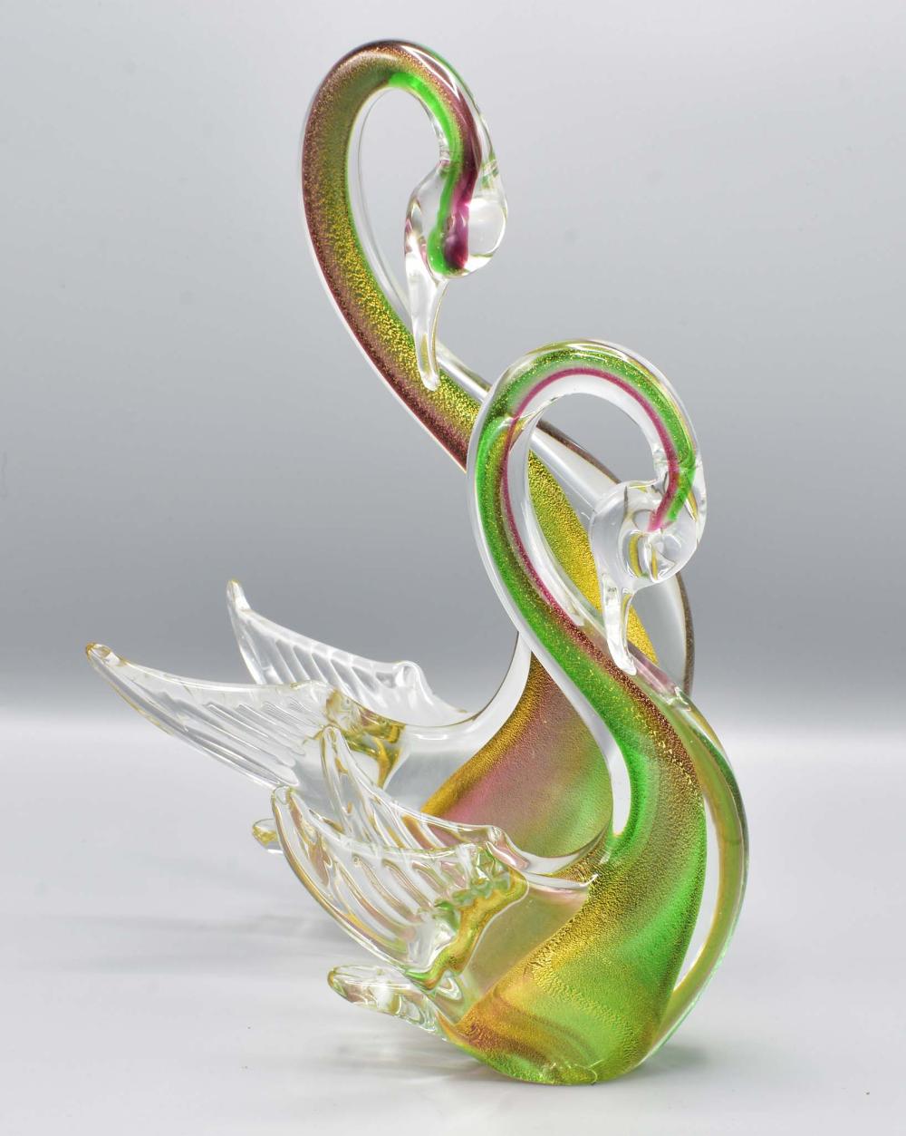 Appraisal: PAIR OF VENETIAN INTERNALLY DECORATED GLASS SWANSModern In two sizes