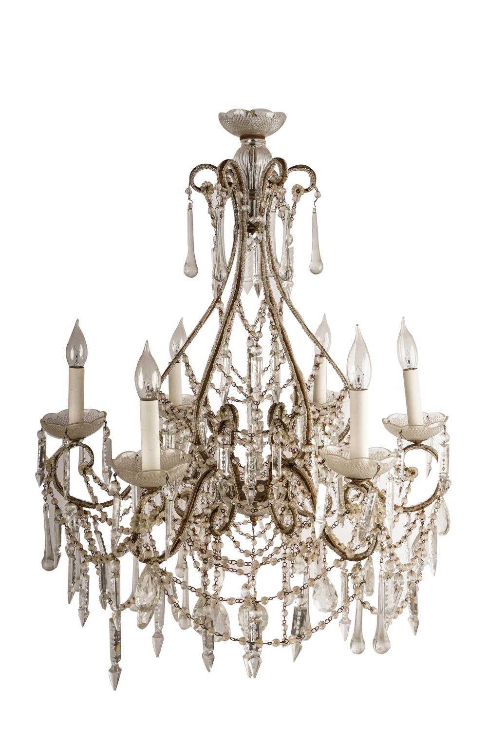 Appraisal: ITALIAN SIX-LIGHT GLASS CHANDELIERwith glass beads lining gilt metal arms