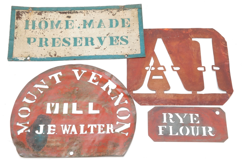 Appraisal: AMERICAN TIN SIGN AND STENCILS Nineteenth century Three stencils and