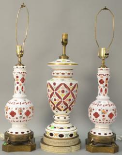 Appraisal: Three white cut to clear enameled lamps Three white cut