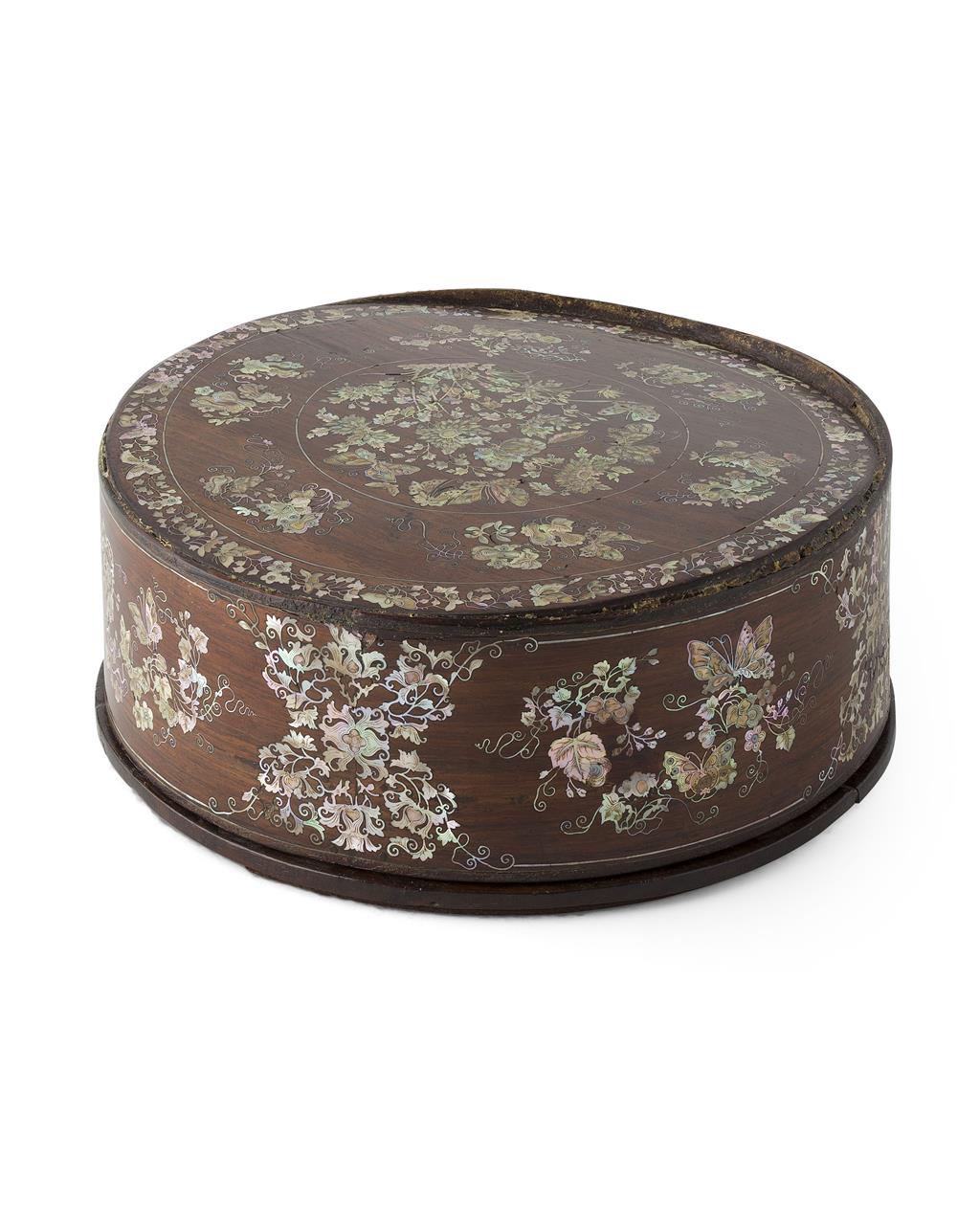 Appraisal: MOTHER-OF-PEARL INLAID CIRCULAR WOOD BOX AND COVER QING DYNASTY TH