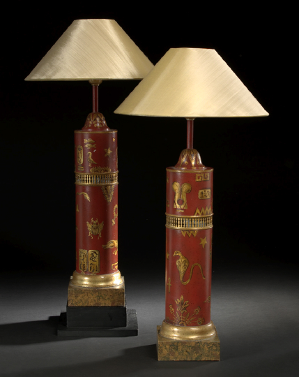 Appraisal: Tall Pair of Parcel-Gilt Antique Red Tole Cylindrical Table Lamps