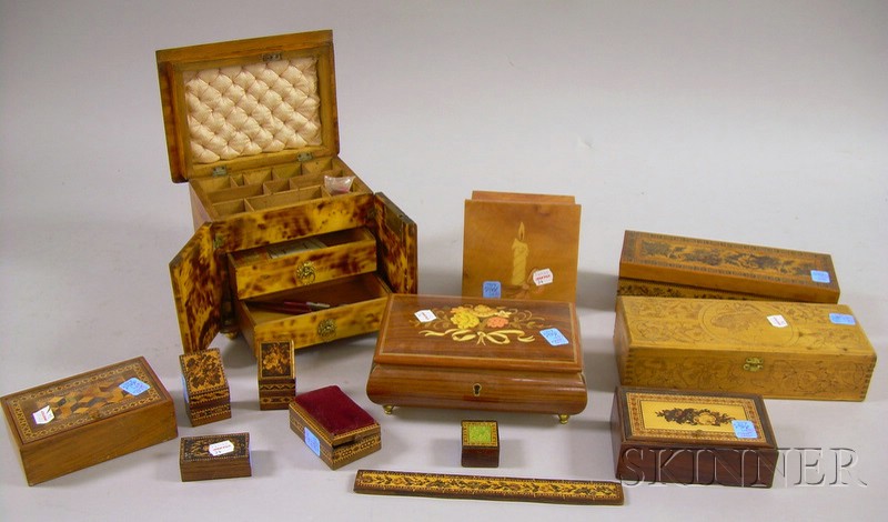 Appraisal: Twelve Small Sewing Boxes Stamp Boxes and Music Boxes marquetry