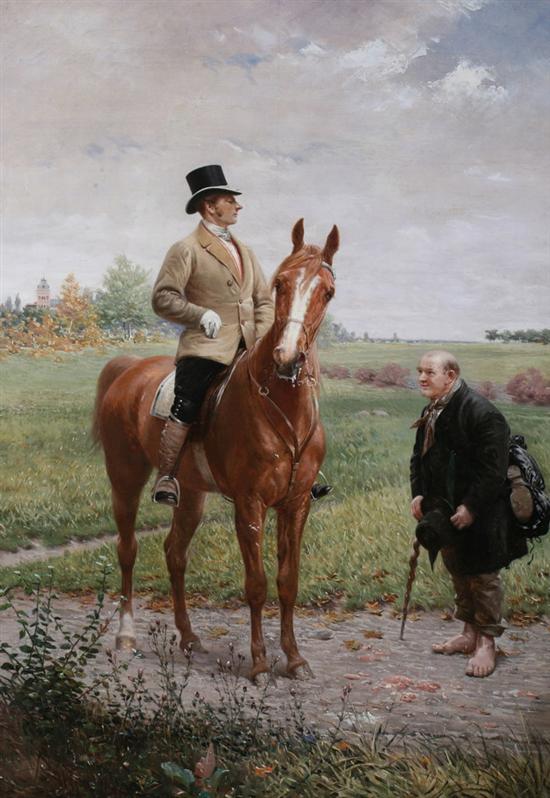 Appraisal: CONTINENTAL SCHOOL th century GENTLEMAN ON HORSEBACK WITH PAUPER signed