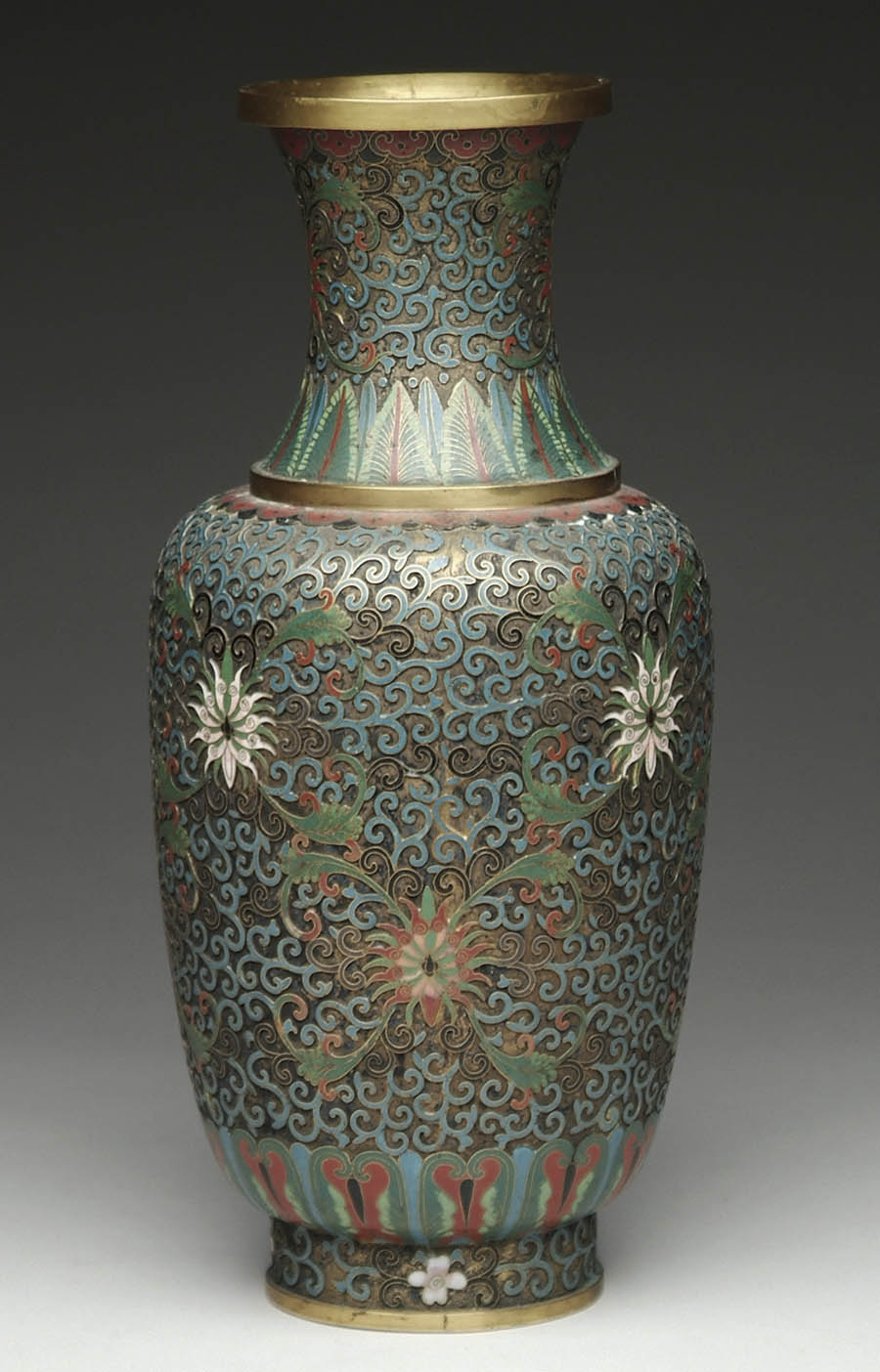 Appraisal: OPEN WORK CLOISONN TALL VASE Lotus scrolls in blue and