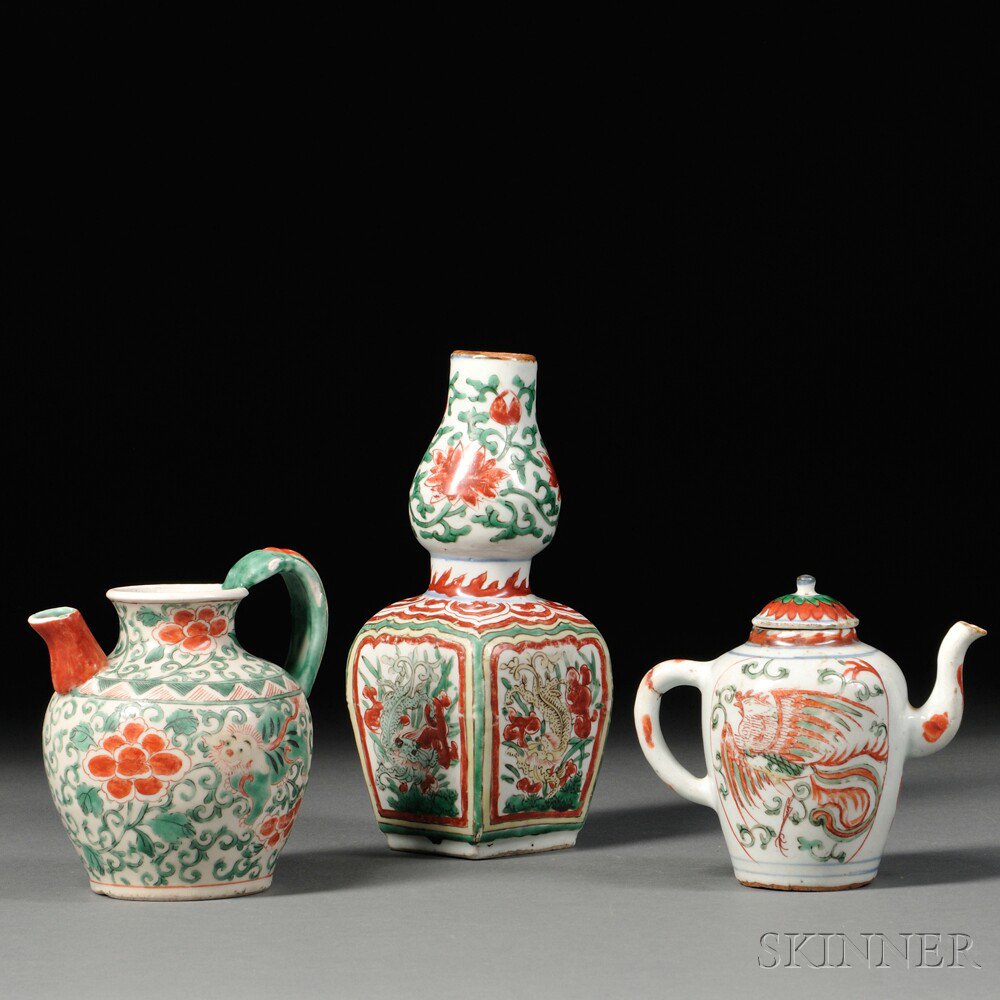 Appraisal: Three Wucai Porcelain Items China Qing Dynasty a double-gourd form