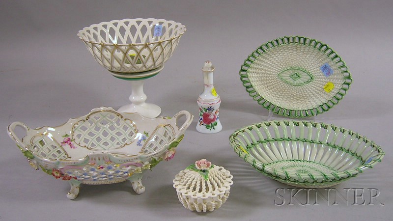 Appraisal: Five Reticulated Ceramic Table Items and an Enameled Bristol Glass