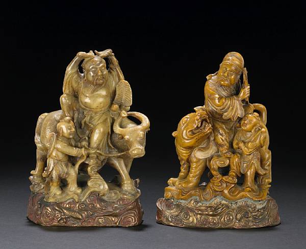 Appraisal: Two soapstone figural groups of Daoist immortals Late Qing Republic