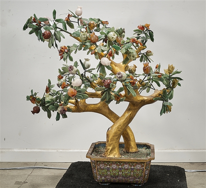 Appraisal: Chinese hardstone pomegranate tree cloisonne planter x x overall approx