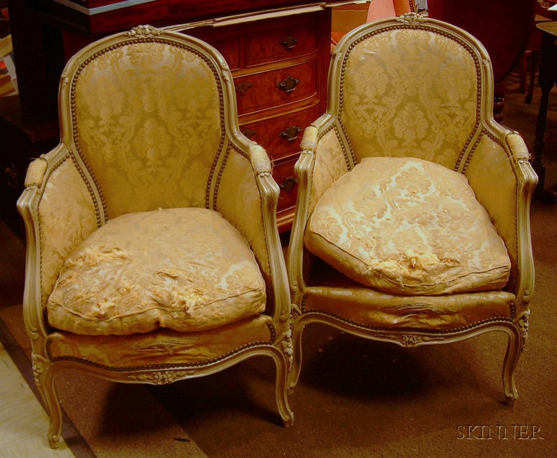 Appraisal: Pair of Louis XV Style Upholstered Painted Carved Wood Armchairs