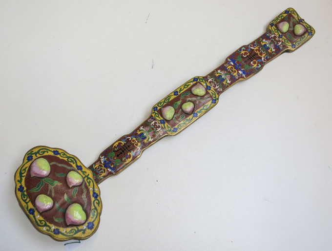 Appraisal: CHINESE CLOISONNE SCEPTER having three reserves with inset peaches of