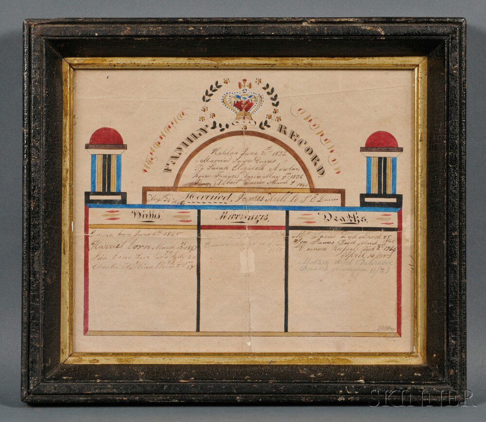 Appraisal: Framed Polychrome-painted Family Record mid to late th century watercolor