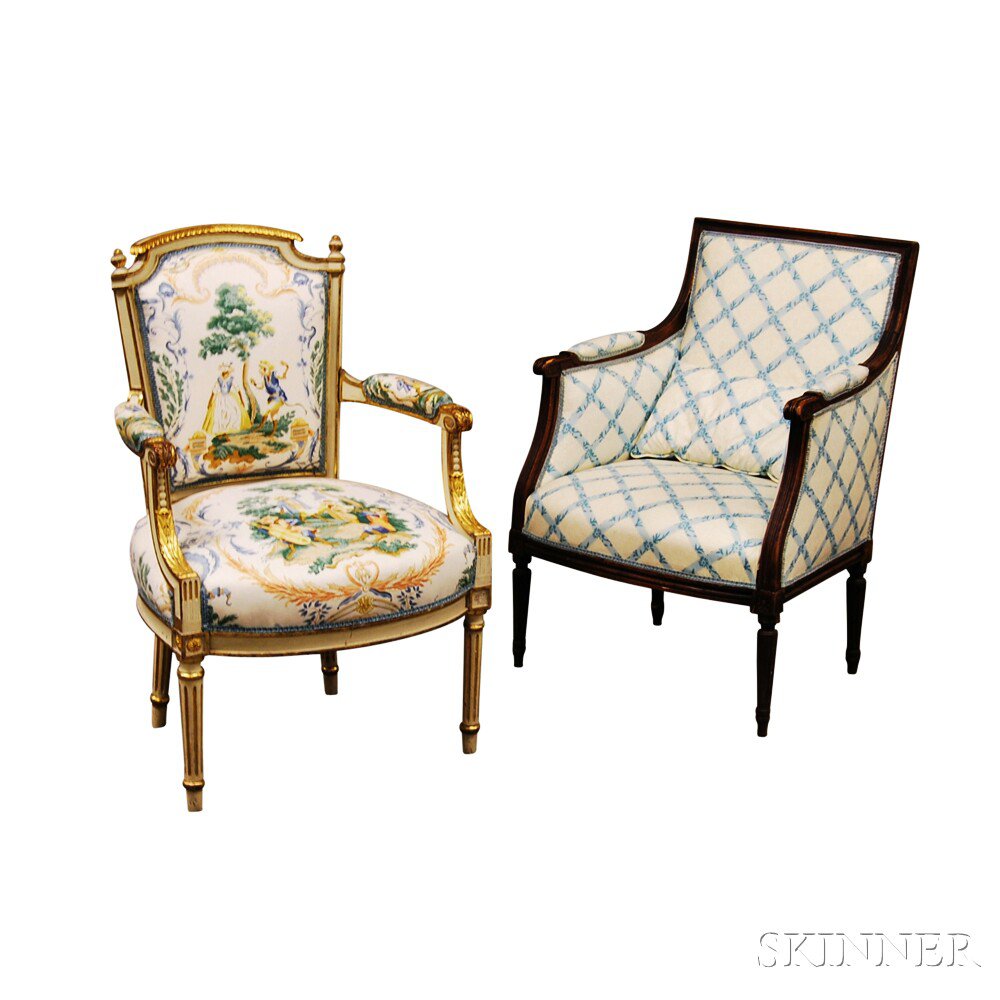 Appraisal: Louis XVI-style Fauteuil and Bergere the painted and parcel-gilt fauteuil