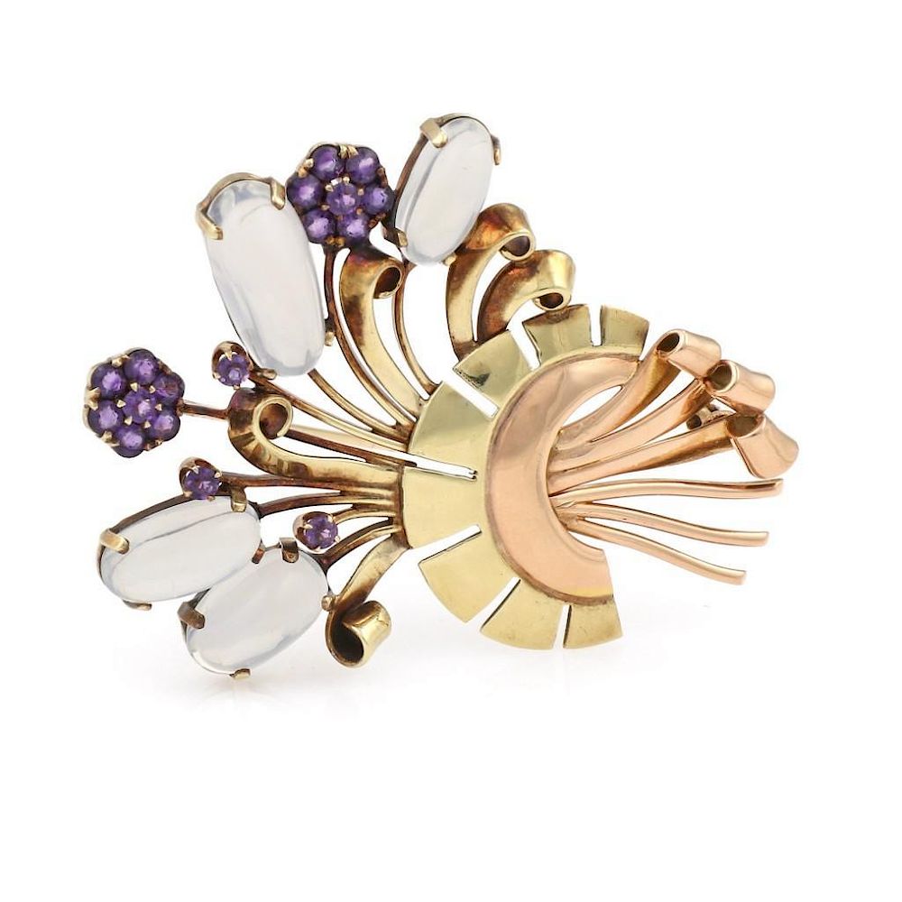 Appraisal: K Tone Gold Retro Moonstone and Amethyst Pin Brooch k