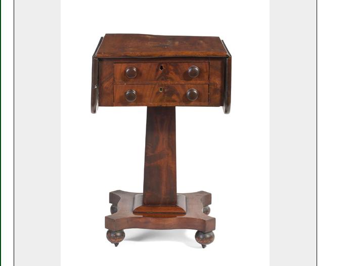 Appraisal: EMPIRE MAHOGANY DROP-LEAF TWO-DRAWER WORK TABLE The rectangular top with