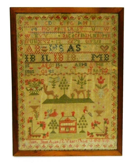 Appraisal: Early th C sampler colored thread on linen eight alpha-numeric