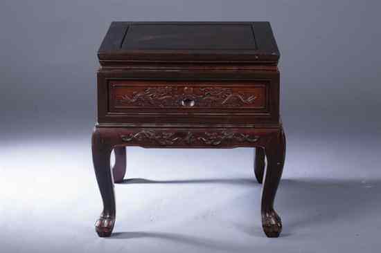 Appraisal: CHINESE ROSEWOOD SIDE TABLE The square top above carved skirt