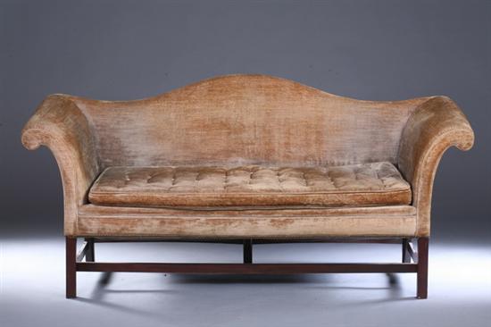 Appraisal: AMERICAN CHIPPENDALE CAMELBACK SOFA th century with nailed camel velvet