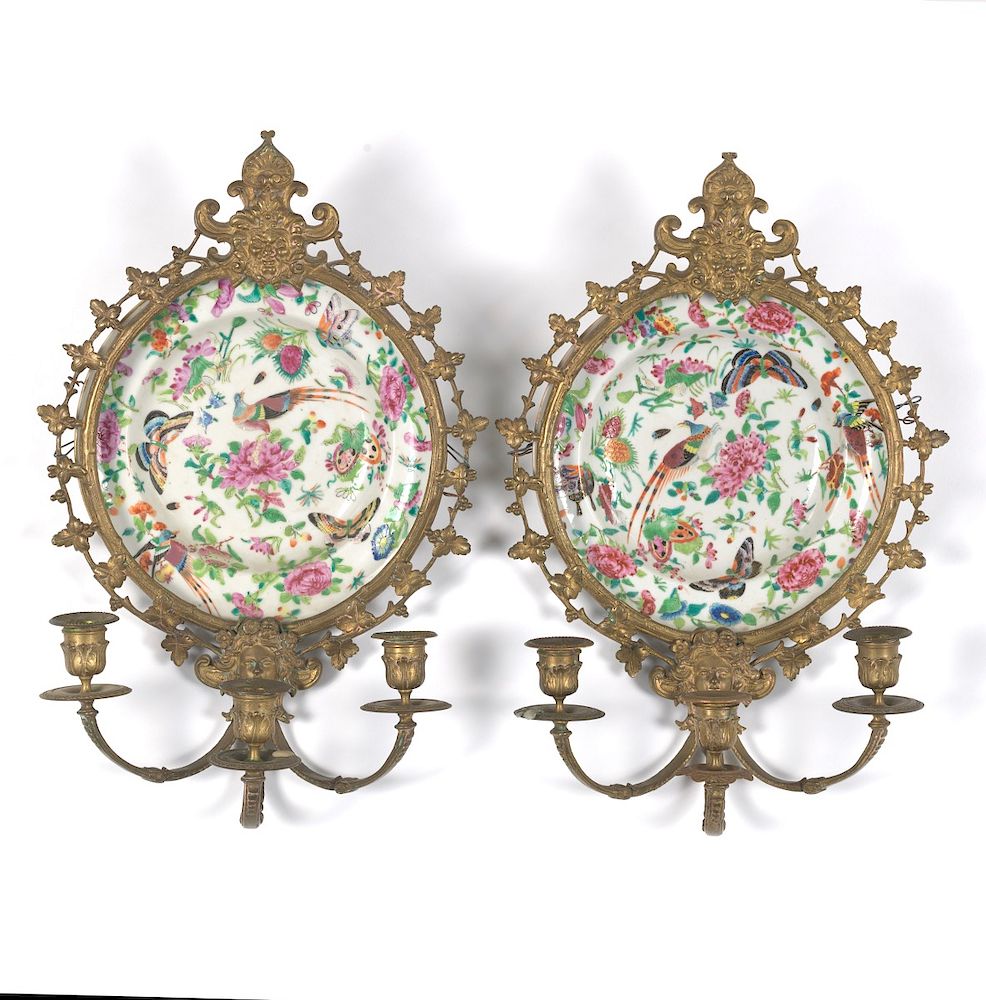 Appraisal: Pair of Ormolu Mounted Famille Rose Platters Designed as Wall