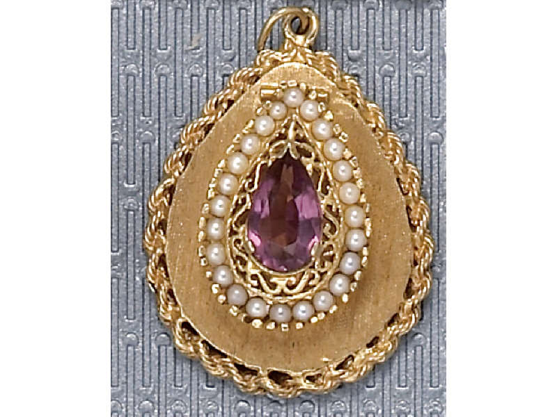 Appraisal: AMETHYST AND PEARL CHARM k yellow gold pear shaped charm