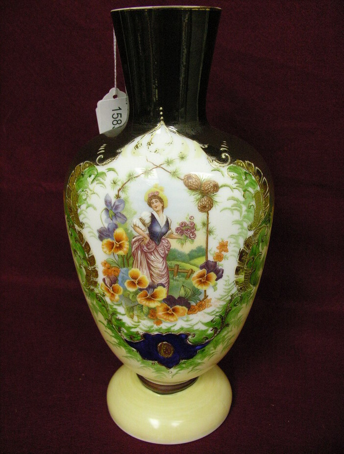 Appraisal: LARGE BRISTOL HAND PAINTED VASE Painting of young woman Size