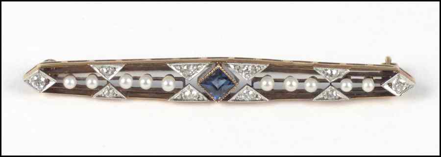 Appraisal: SAPPHIRE DIAMOND AND NATURAL PEARL BAR PIN Comprised of one