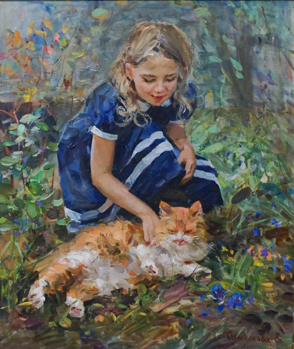 Appraisal: Elena Salnikova Russian th Century Young Girl with Cat Oil