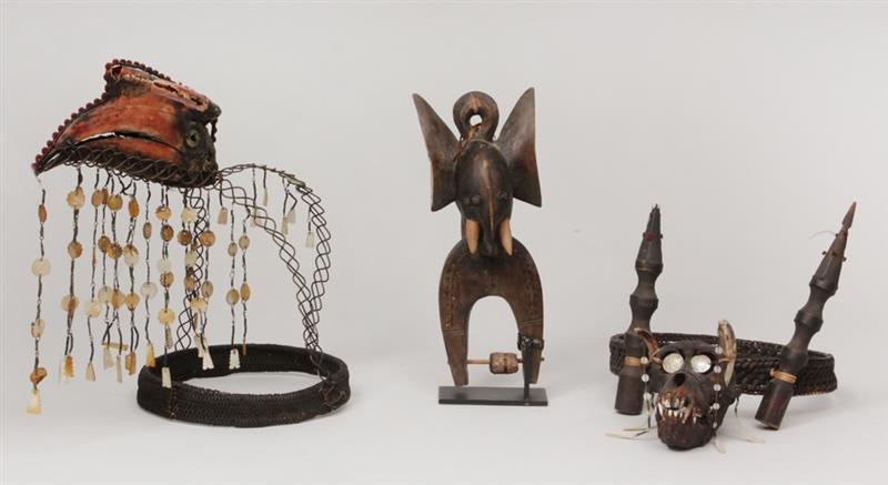 Appraisal: Two Headdresses and an Elephant Janus Head Heddle Pulley The