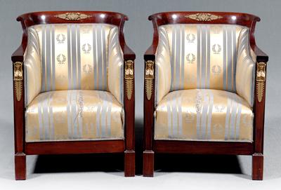 Appraisal: Pair French Empire style chairs mahogany with silk upholstery and