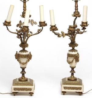 Appraisal: Neoclassical Lamps Bronze White Marble Urn Neoclassical candelabra lamps gilt