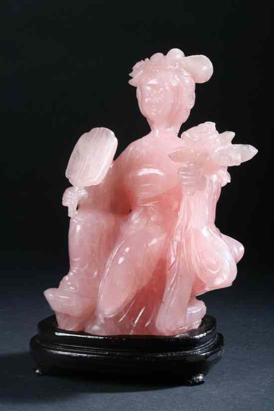 Appraisal: CHINESE ROSE QUARTZ FIGURE OF MEIREN Seated holding fan and