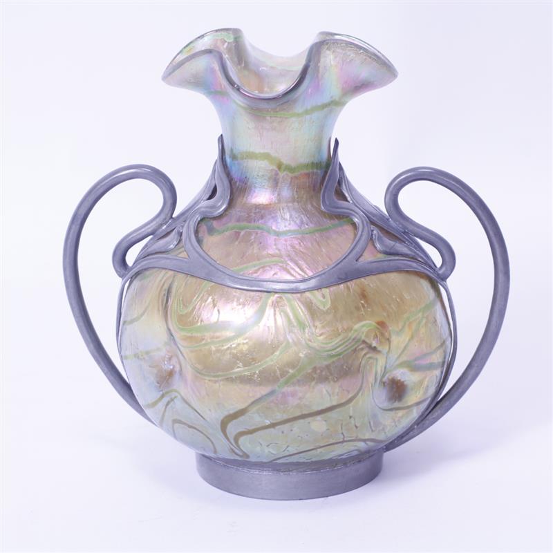 Appraisal: Austrian Art Nouveau Loetz type iridescent glass vase mounted with