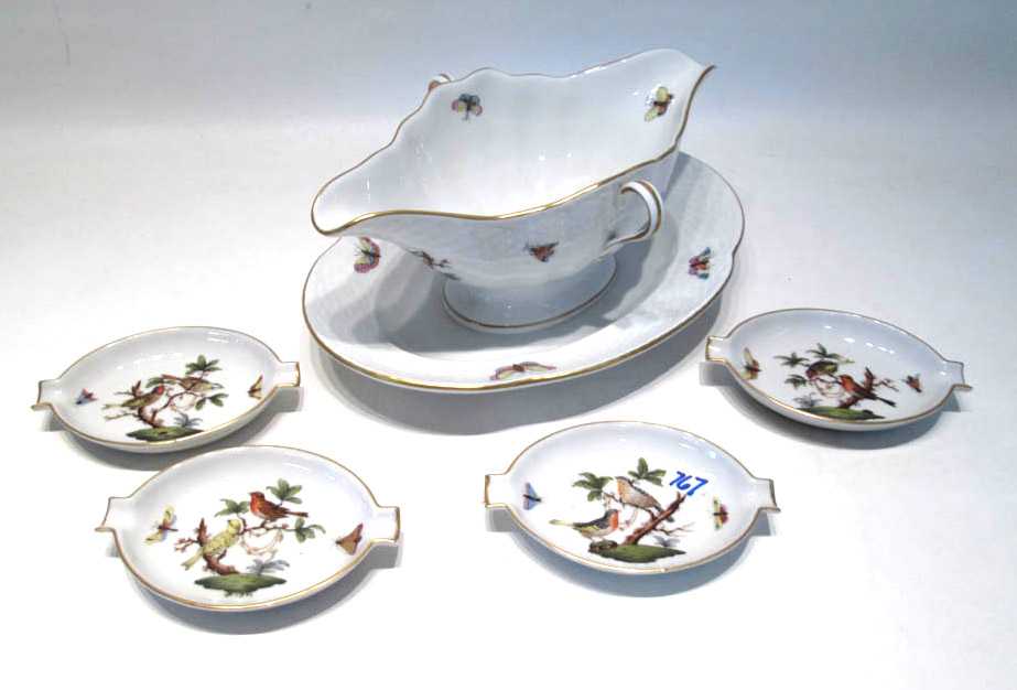 Appraisal: FIVE HEREND HAND PAINTED PORCELAIN TABLEWARE ITEMS Rothschild Bird pattern