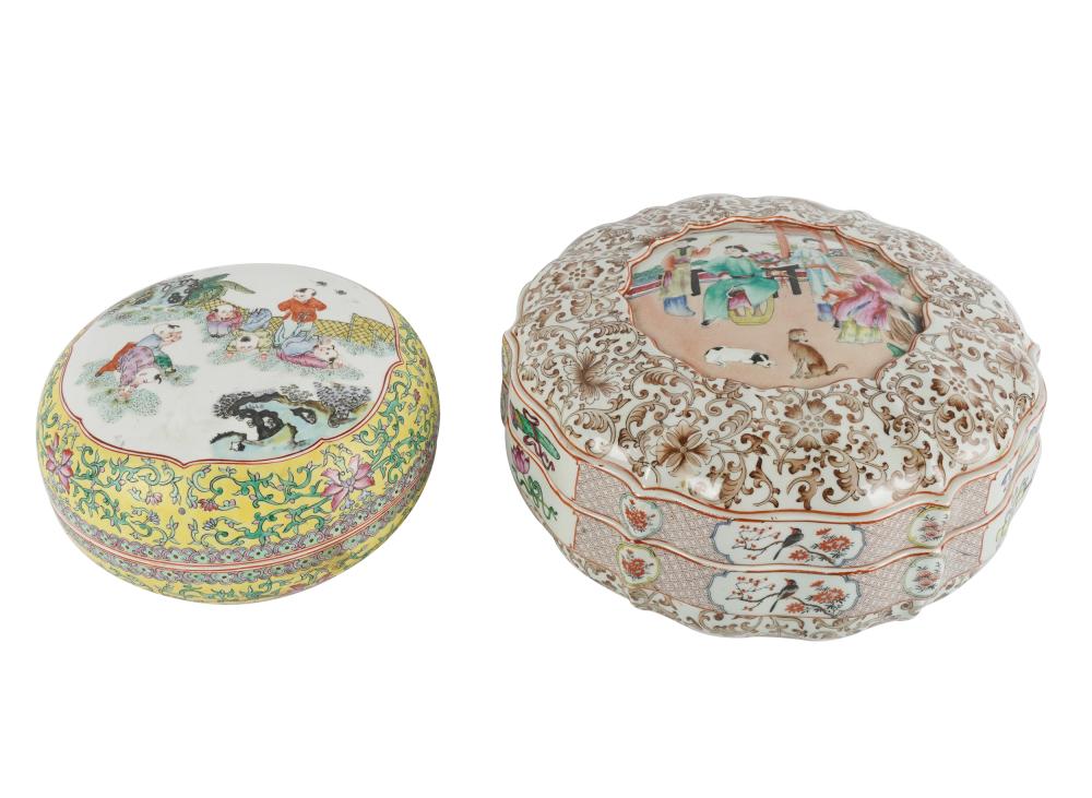 Appraisal: TWO CHINESE ROUND PORCELAIN COVERED BOXESeach marked to underside the