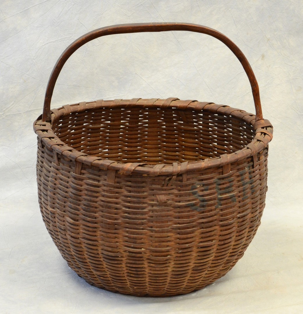 Appraisal: Oak splint gathering basket late th C handle incised SR