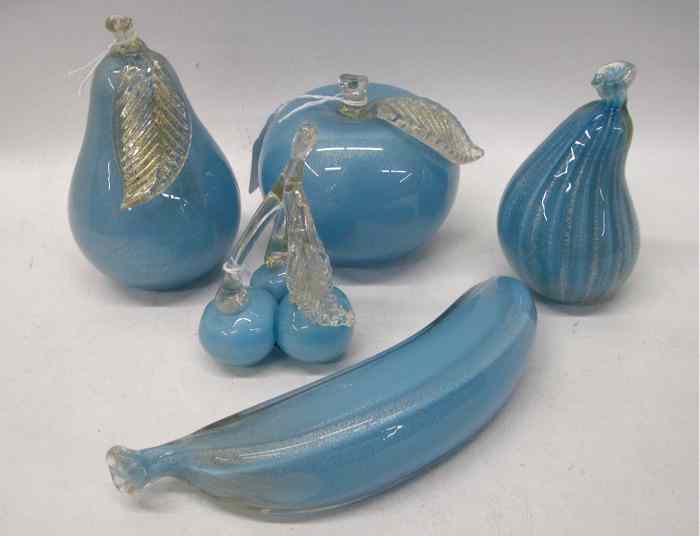 Appraisal: FIVE BLUE MURANO GLASS FRUIT a fig banana pear bunch