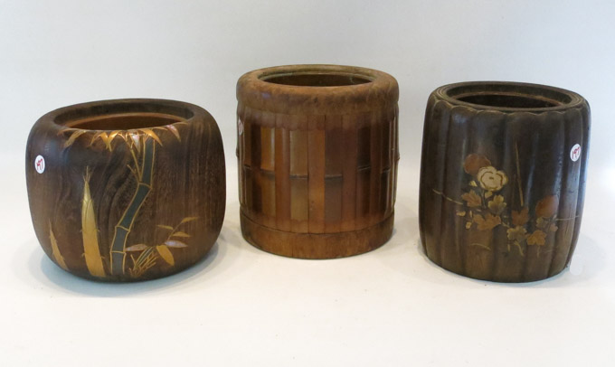 Appraisal: THREE JAPANESE INLAID WOOD AND BAMBOO PLANTERS the two planters