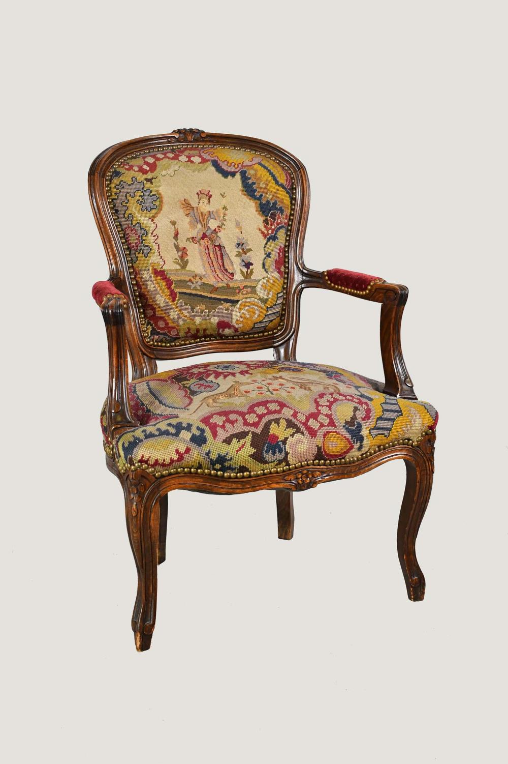 Appraisal: LOUIS XV STYLE NEEDLEPOINT FAUTEUIL EN CABRIOLETThe cartouche shaped back