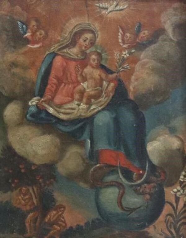 Appraisal: Framed oil on panel painting Madonna of the Immaculate Conception