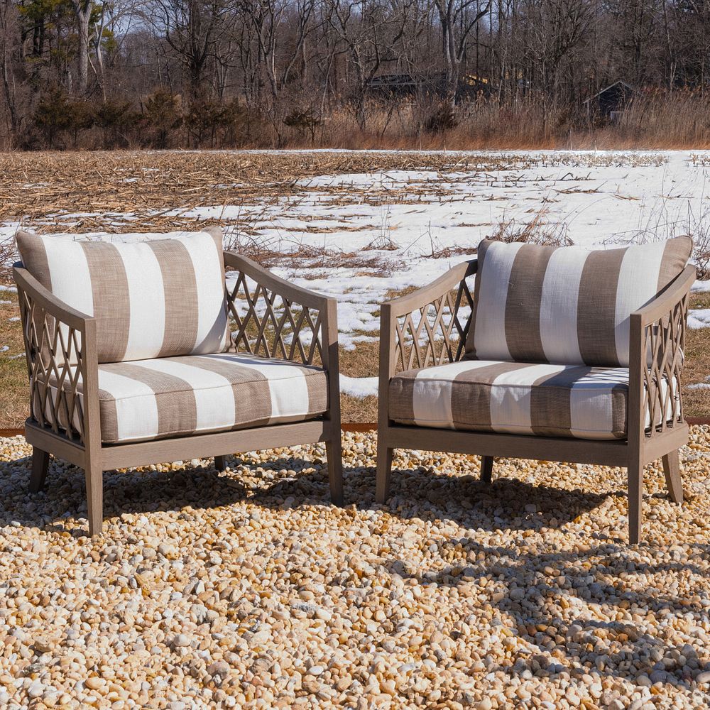 Appraisal: Pair of Restoration Hardware Teak and Upholstered Tub Chairs The