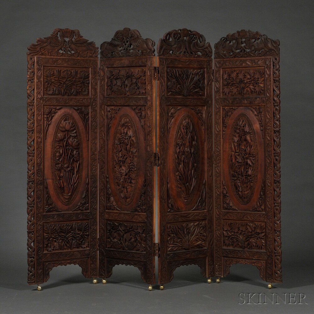 Appraisal: Four-panel Carved Wood Screen China one side with dragons the