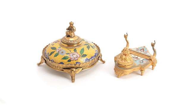 Appraisal: A late th century champlev enamel and gilt-metal inkstand Decorated