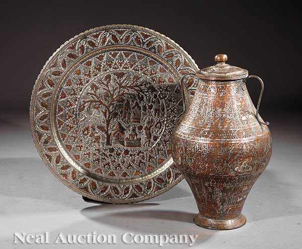 Appraisal: A Persian Copper and Silver Olive Oil Vessel and Tray