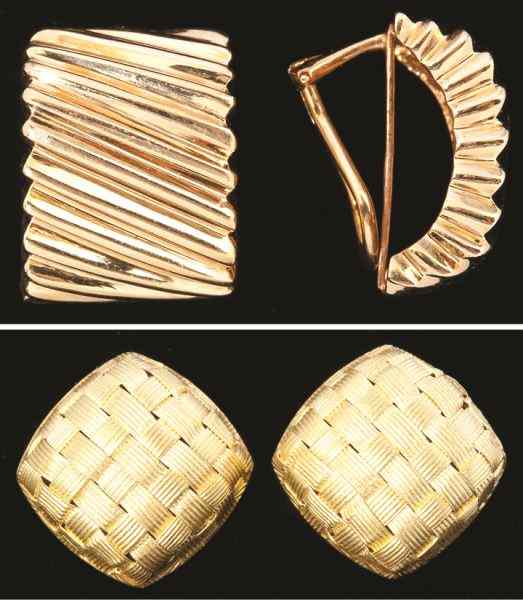 Appraisal: Two Pair of Gold Earclipsthe first of cushion form with