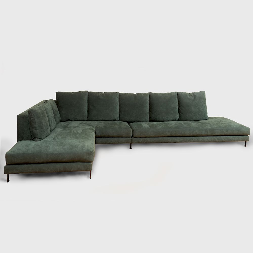 Appraisal: Minotti Green Suede Sofa With label L-shaped with metal legs