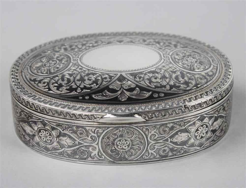 Appraisal: RUSSIAN SILVER NIELLO WORK SNUFFBOX MADE FOR TIFFANY CO late