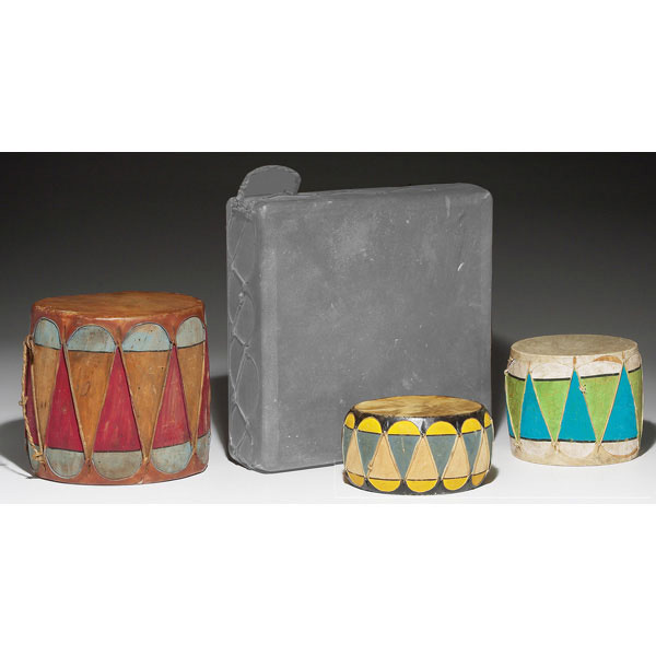 Appraisal: Pueblo drums three colorfully painted wooden bodies with leather heads